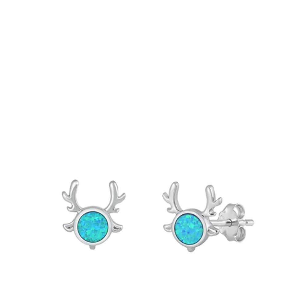Sterling Silver Unique Blue Synthetic Opal Reindeer Christmas Earrings 925 New