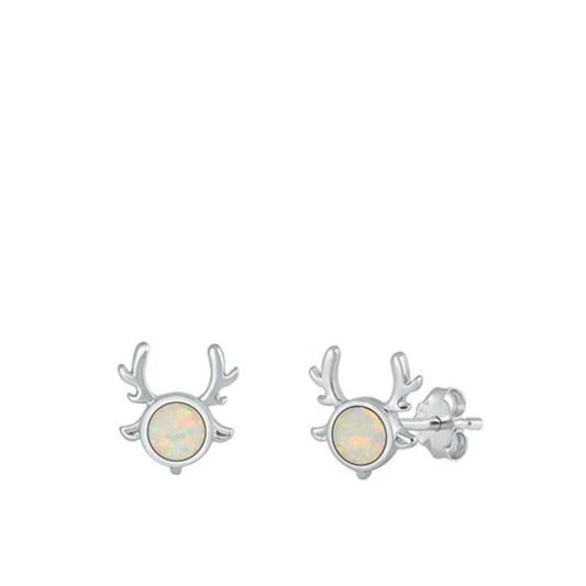 Sterling Silver Polished White Synthetic Opal Reindeer Christmas Earrings 925
