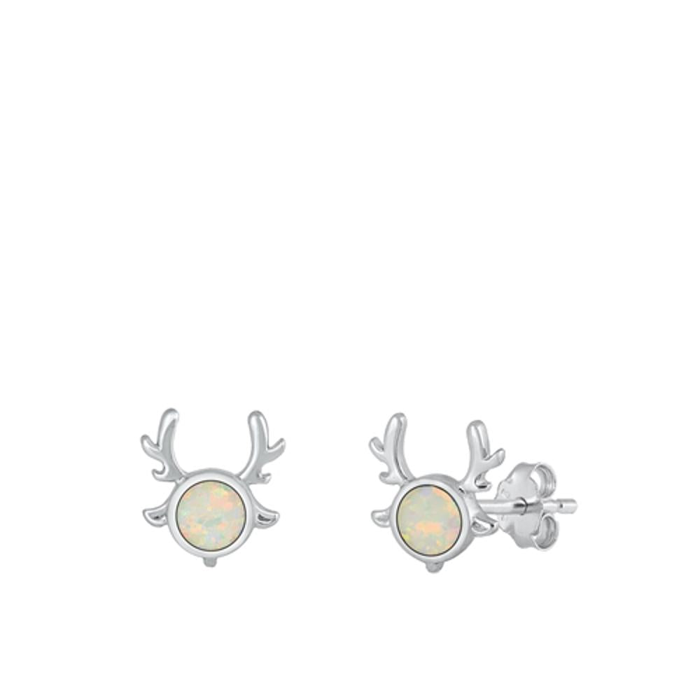 Sterling Silver Polished White Synthetic Opal Reindeer Christmas Earrings 925