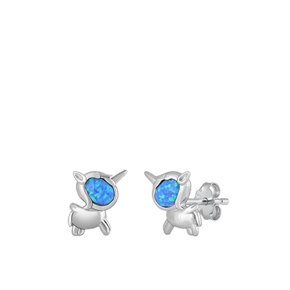 Sterling Silver Beautiful Blue Synthetic Opal Unicorn Fantasy Earrings 925 New