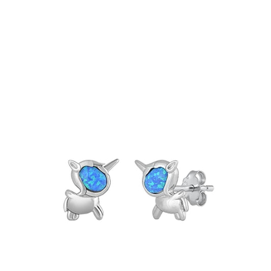 Sterling Silver Beautiful Blue Synthetic Opal Unicorn Fantasy Earrings 925 New