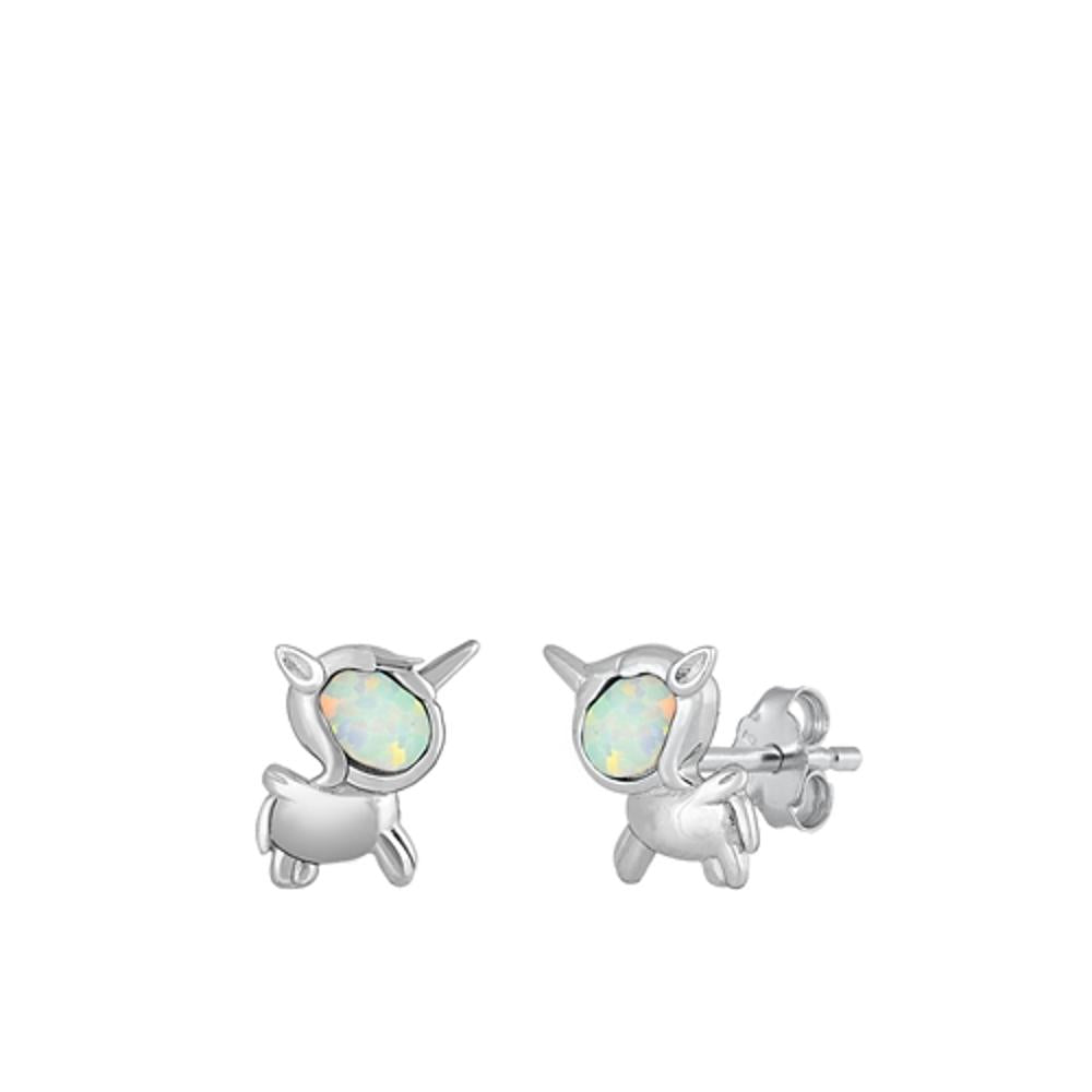 Sterling Silver Fashion White Synthetic Opal Unicorn Fantasy Earrings 925 New