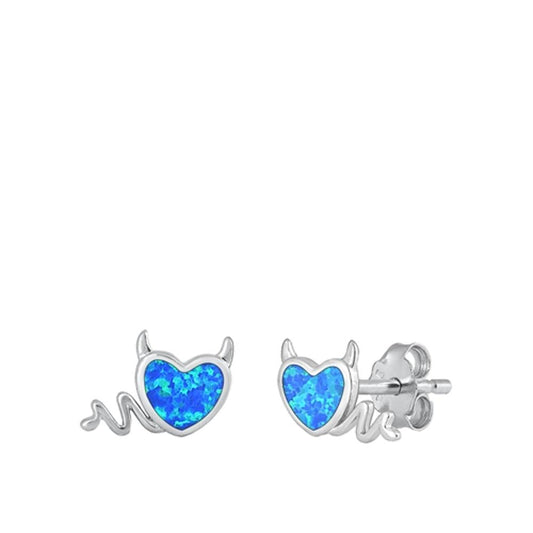 Sterling Silver Beautiful Little Heart Devil Blue Synthetic Opal Earrings 925