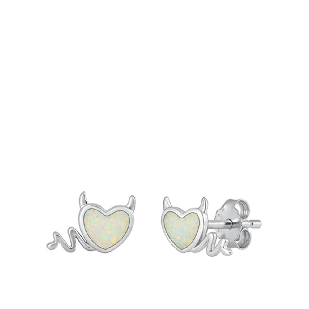 Sterling Silver Fashion White Synthetic Opal Little Devil Heart Earrings 925 New
