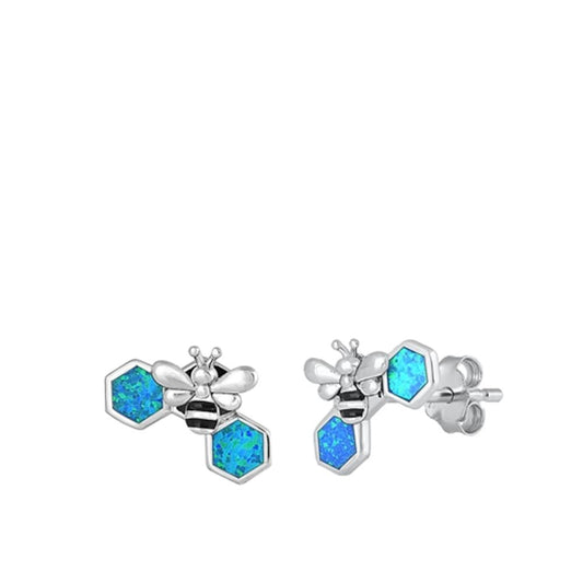 Sterling Silver Classic Blue Synthetic Opal Bee & Honeycomb Earrings 925 New