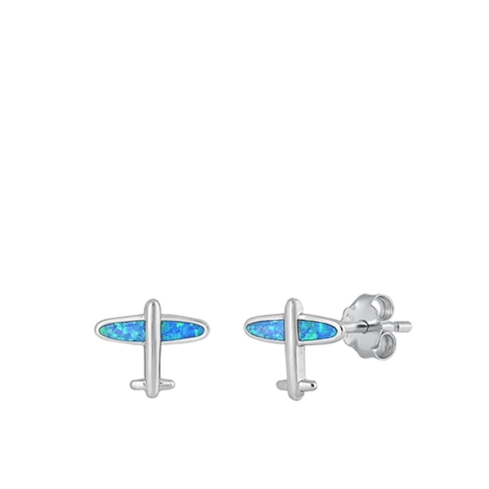 Sterling Silver Fashion Blue Synthetic Opal Airplane Jet Aircraft Earrings 925