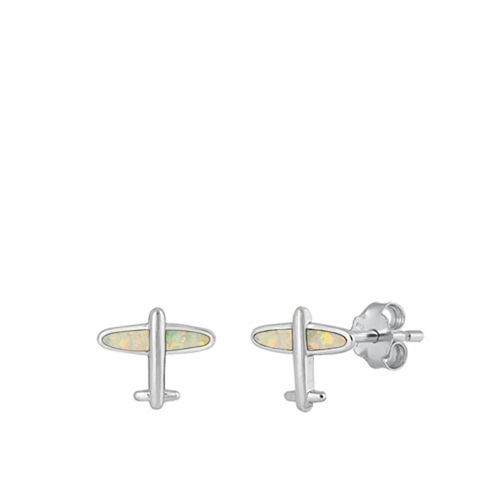 Sterling Silver Polished White Synthetic Opal Aeroplane Jet Aircraft Earrings