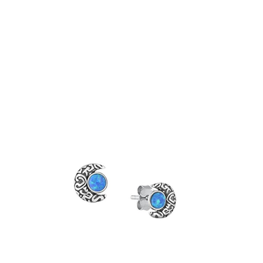 Sterling Silver Polished Bali Moon Blue Synthetic Opal Celestial Earrings 925