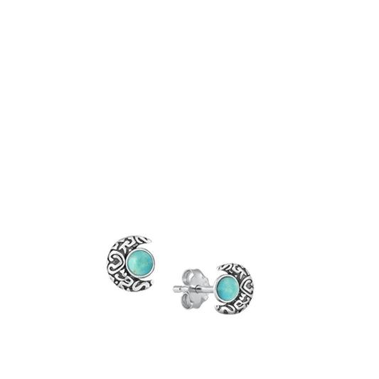 Sterling Silver Unique Turquoise Bali Moon Oxidized Stud Earrings .925 New