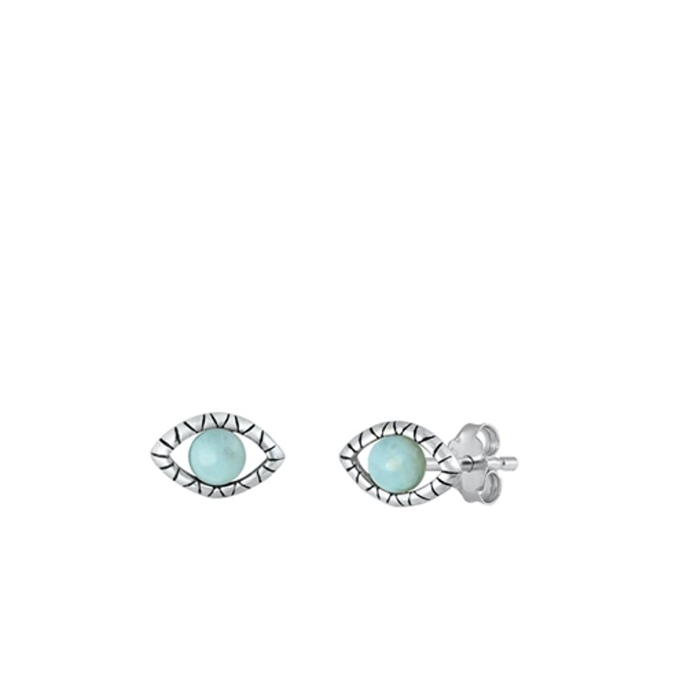 Sterling Silver Classic Larimar Eye Stud High Polished Cute Earrings .925 New