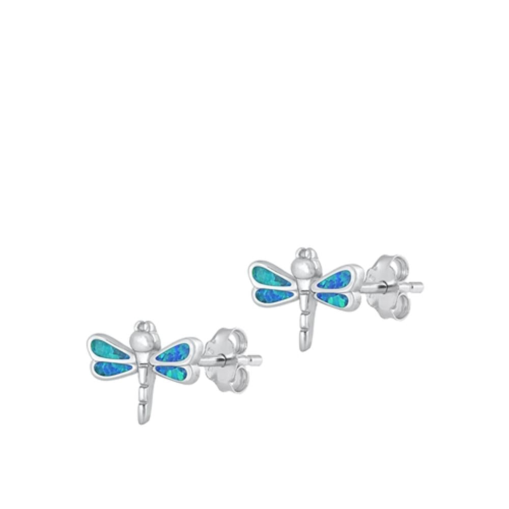 Sterling Silver High Polished Blue Synthetic Opal Dragonfly Earrings 925 New