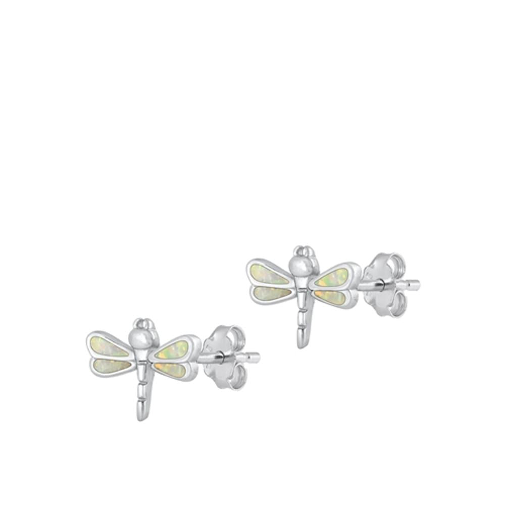 Sterling Silver Fashion High Polished White Synthetic Opal Dragonfly Earrings