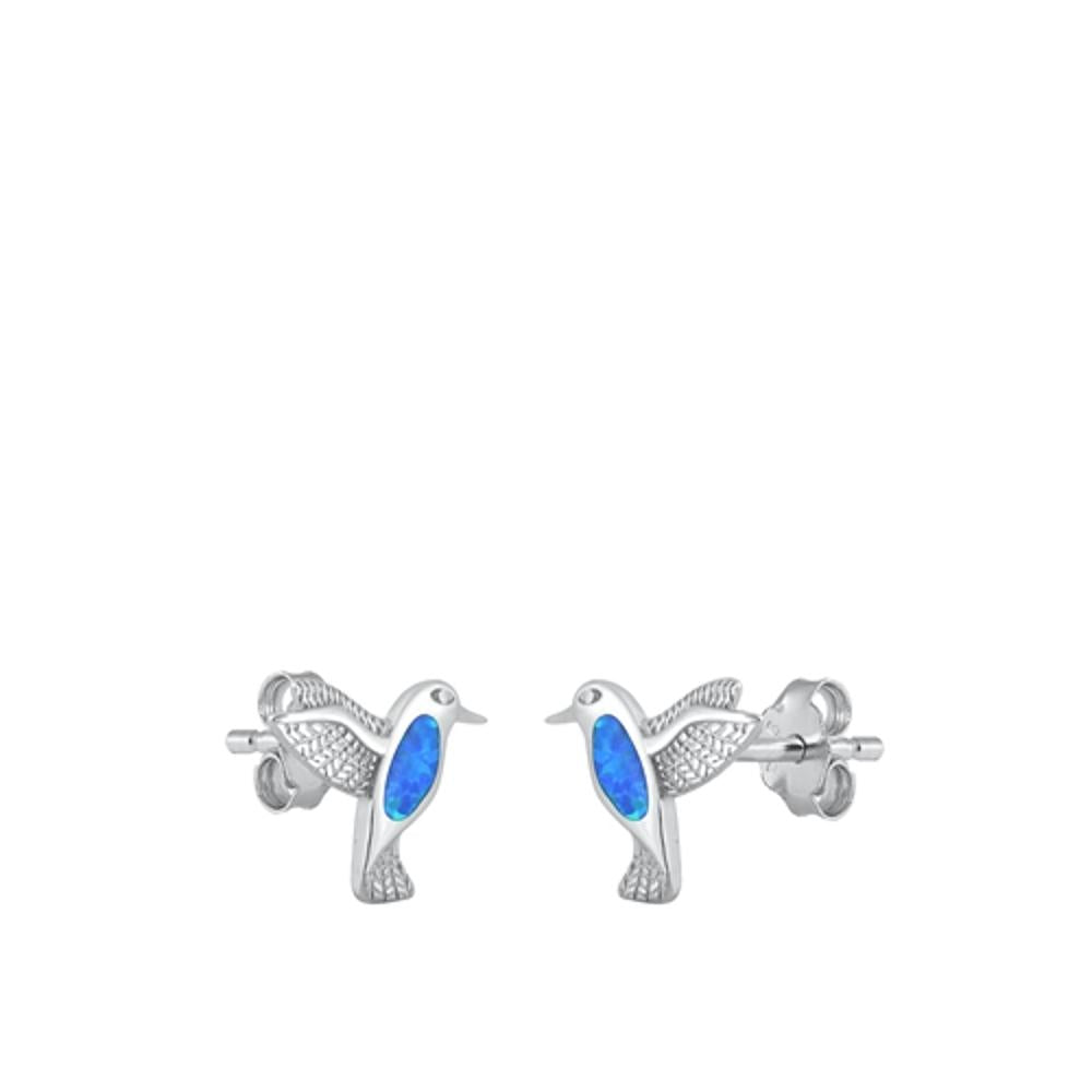 Sterling Silver Classic Blue Synthetic Opal Hummingbird Earrings 925 New