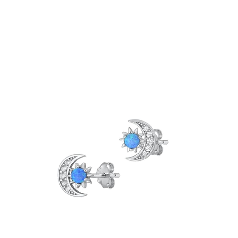 Sterling Silver Fashion Clear CZ Blue Synthetic Opal Sun Moon Earrings 925 New