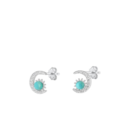Sterling Silver .925 New High Polished Clear CZ Turquoise Moon Stud Earrings