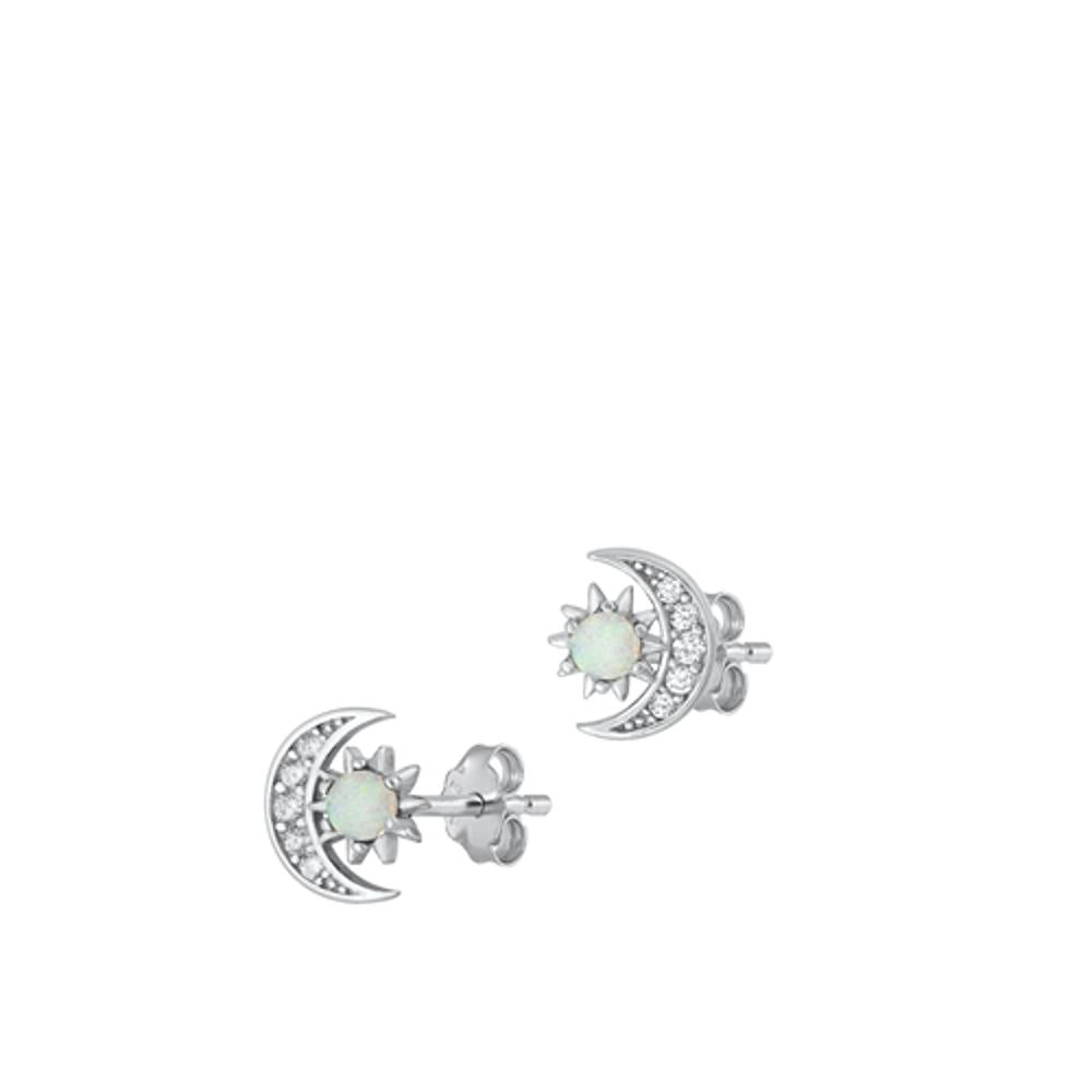 Sterling Silver Classic Clear CZ White Synthetic Opal Sun Moon Earrings 925 New