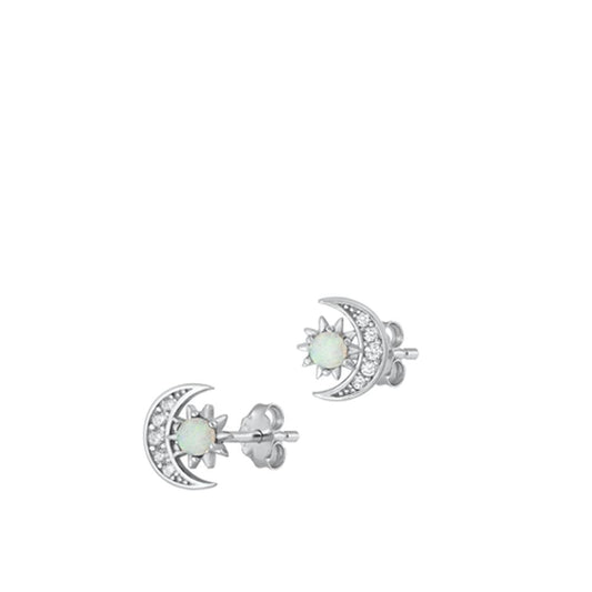 Sterling Silver Classic Clear CZ White Synthetic Opal Sun Moon Earrings 925 New
