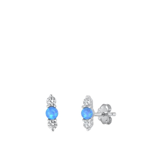 Sterling Silver Blue Synthetic Opal Clear CZ High Polished Earrings .925 New