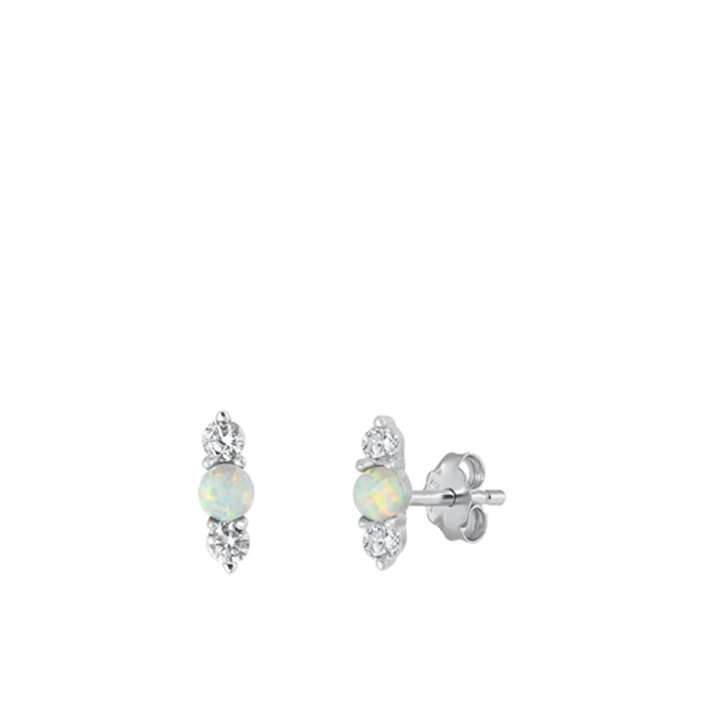 Sterling Silver Classic Clear CZ White Synthetic Opal High Polished Earrings