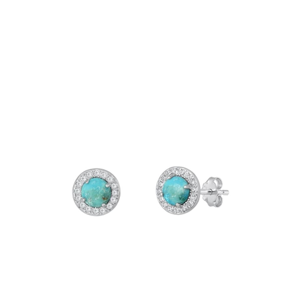 Sterling Silver Classic Turquoise Clear CZ Stud High Polished Earrings .925