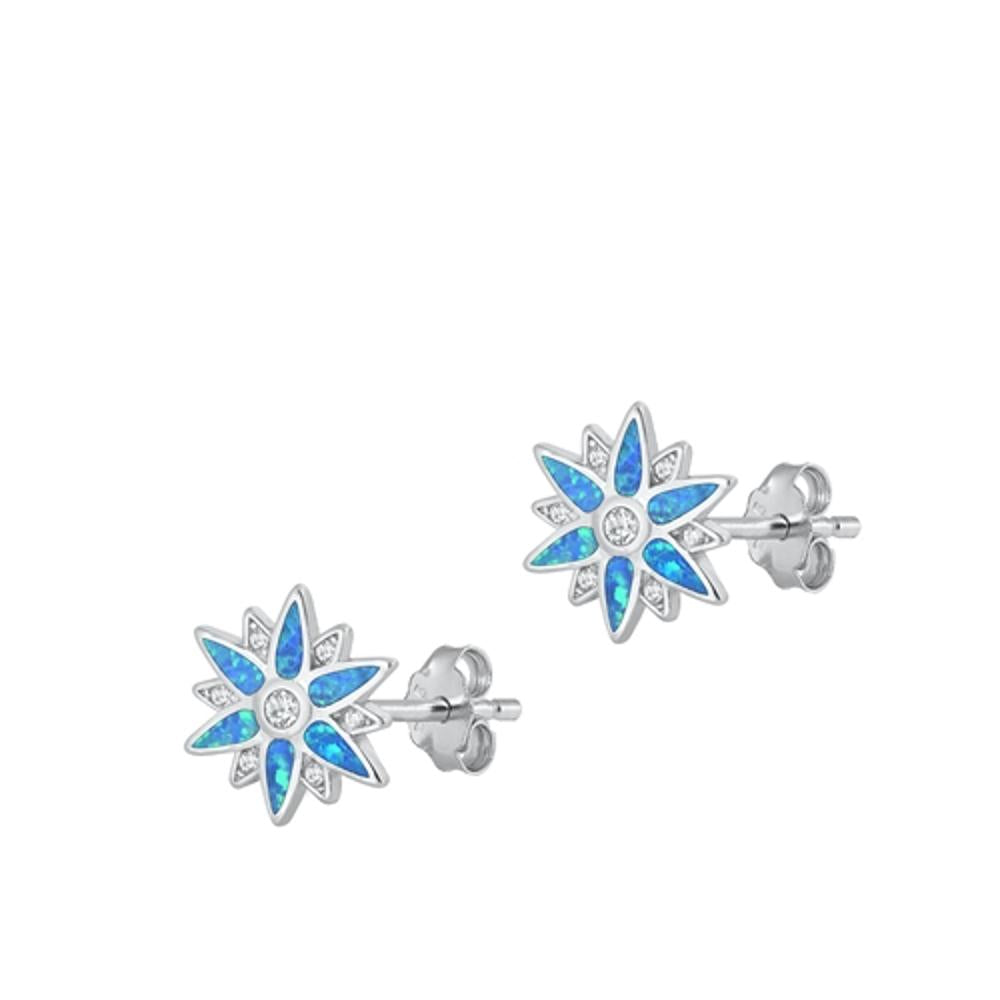 Sterling Silver Snowflate Blue Synthetic Opal Clear CZ Star Earrings 925 New