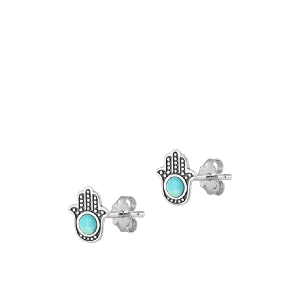 Sterling Silver Fashion Turquoise Hamsa Stud Oxidized Polished Earrings .925 New