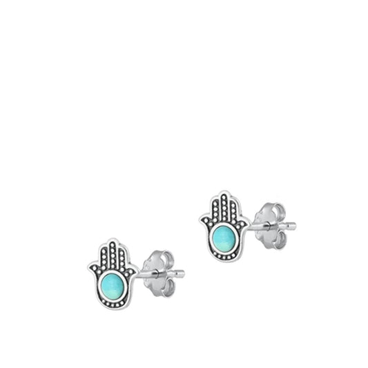 Sterling Silver Fashion Turquoise Hamsa Stud Oxidized Polished Earrings .925 New