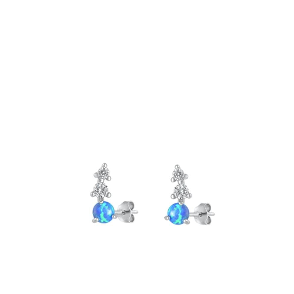 Sterling Silver Unique Blue Synthetic Opal Clear CZ Stud Earrings .925 New