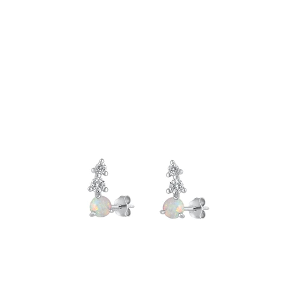 Sterling Silver Polished Clear CZ White Synthetic Opal Stud Earrings .925 New