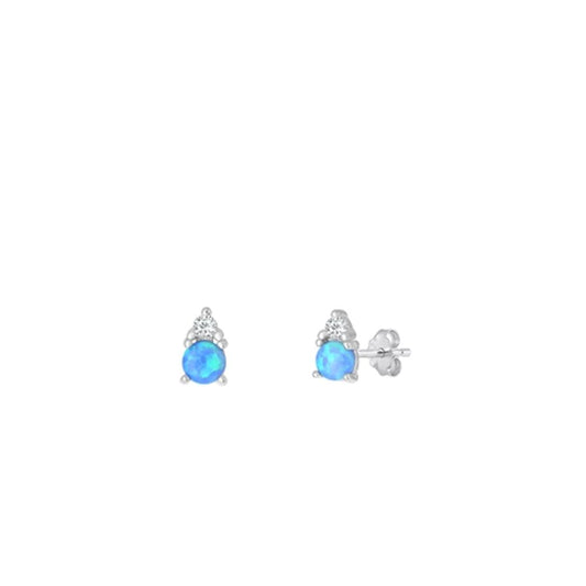 Sterling Silver .925 New Unique Clear CZ Blue Synthetic Opal Stud Earrings