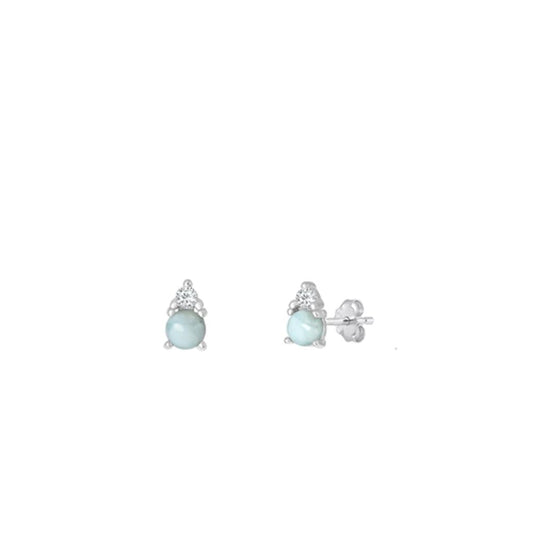 Sterling Silver .925 New High Polished Larimar Clear CZ Stud Earrings