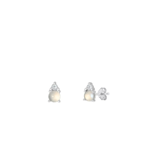 Sterling Silver .925 New High Polished Moonstone Clear CZ Stud Earrings