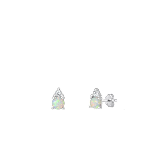 Sterling Silver .925 New Classic Clear CZ White Synthetic Opal Stud Earrings