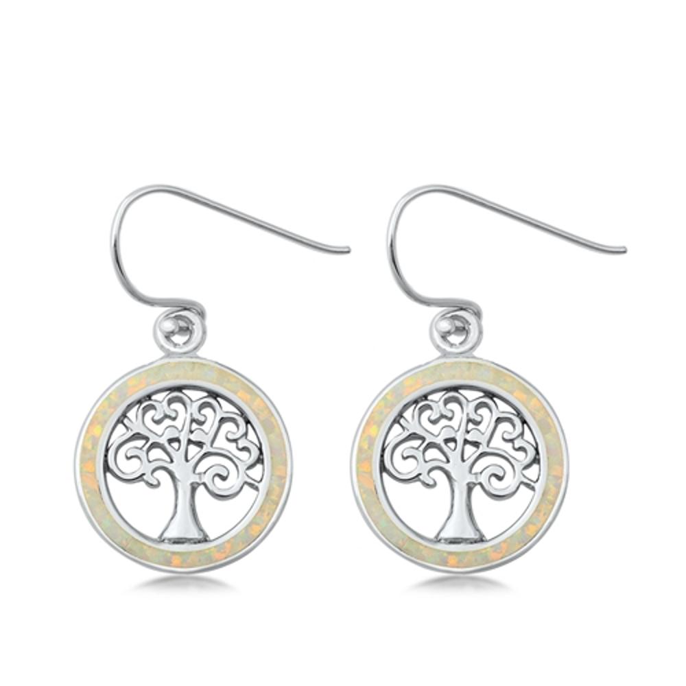 Sterling Silver Unique White Opal Tree Of Life Hook High Polish Earrings 925 New