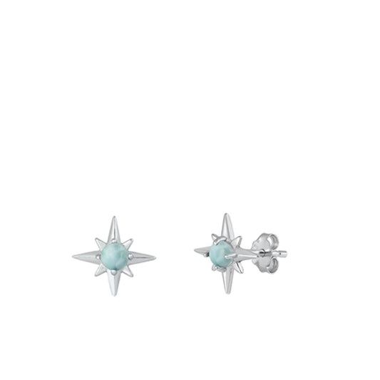 Sterling Silver Unique Larimar North Star High Polished Stud Earrings .925 New