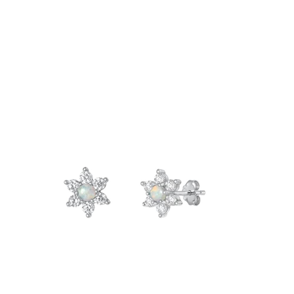 Sterling Silver Beautiful White Synthetic Opal Clear CZ Star Flower Earrings 925