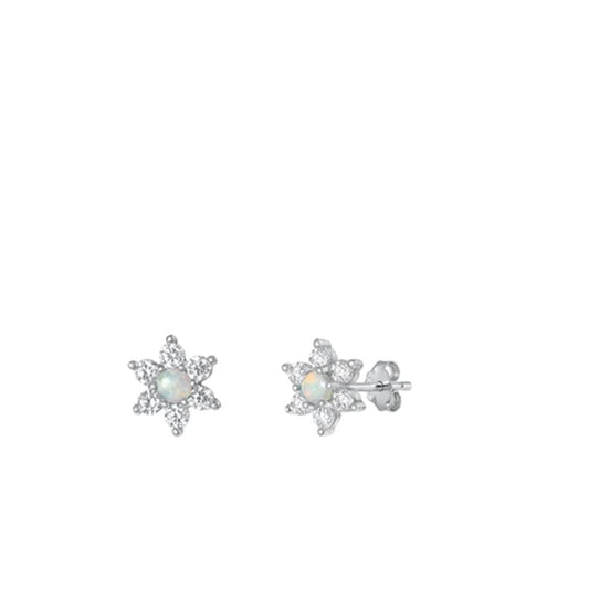Sterling Silver Beautiful White Synthetic Opal Clear CZ Star Flower Earrings 925