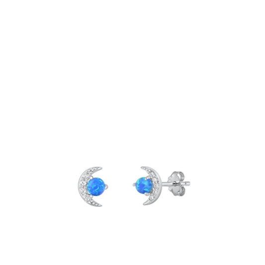 Sterling Silver Wholesale Blue Synthetic Opal Clear CZ Cresent Moon Earrings 925
