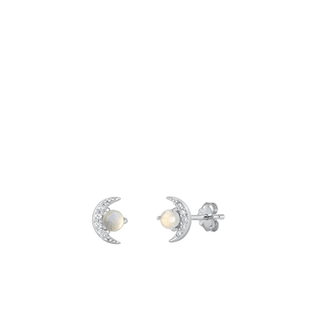 Sterling Silver Beautiful Moonstone Clear CZ Moon Stud Polished Earrings 925 New