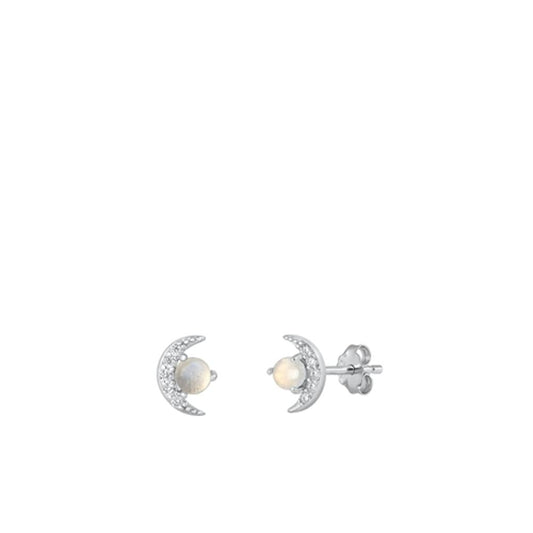 Sterling Silver Beautiful Moonstone Clear CZ Moon Stud Polished Earrings 925 New