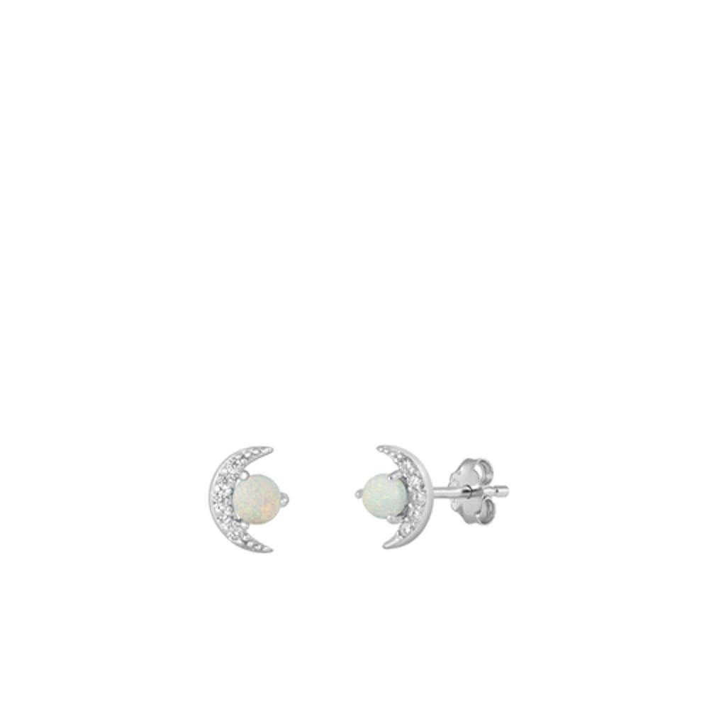 Sterling Silver Beautiful Clear CZ White Synthetic Opal Cresent Moon Earrings
