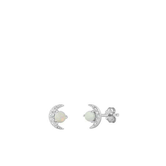 Sterling Silver Beautiful Clear CZ White Synthetic Opal Cresent Moon Earrings