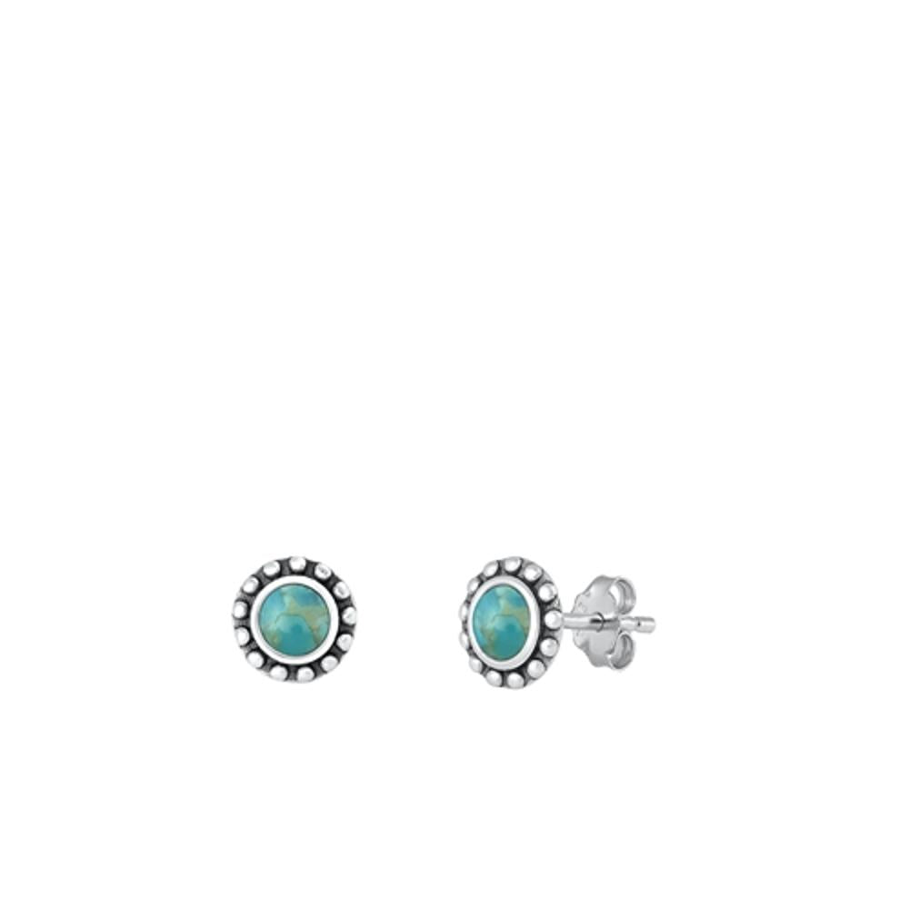 Sterling Silver Fashion Oxidized Bali Turquoise Round Stud Earrings .925 New