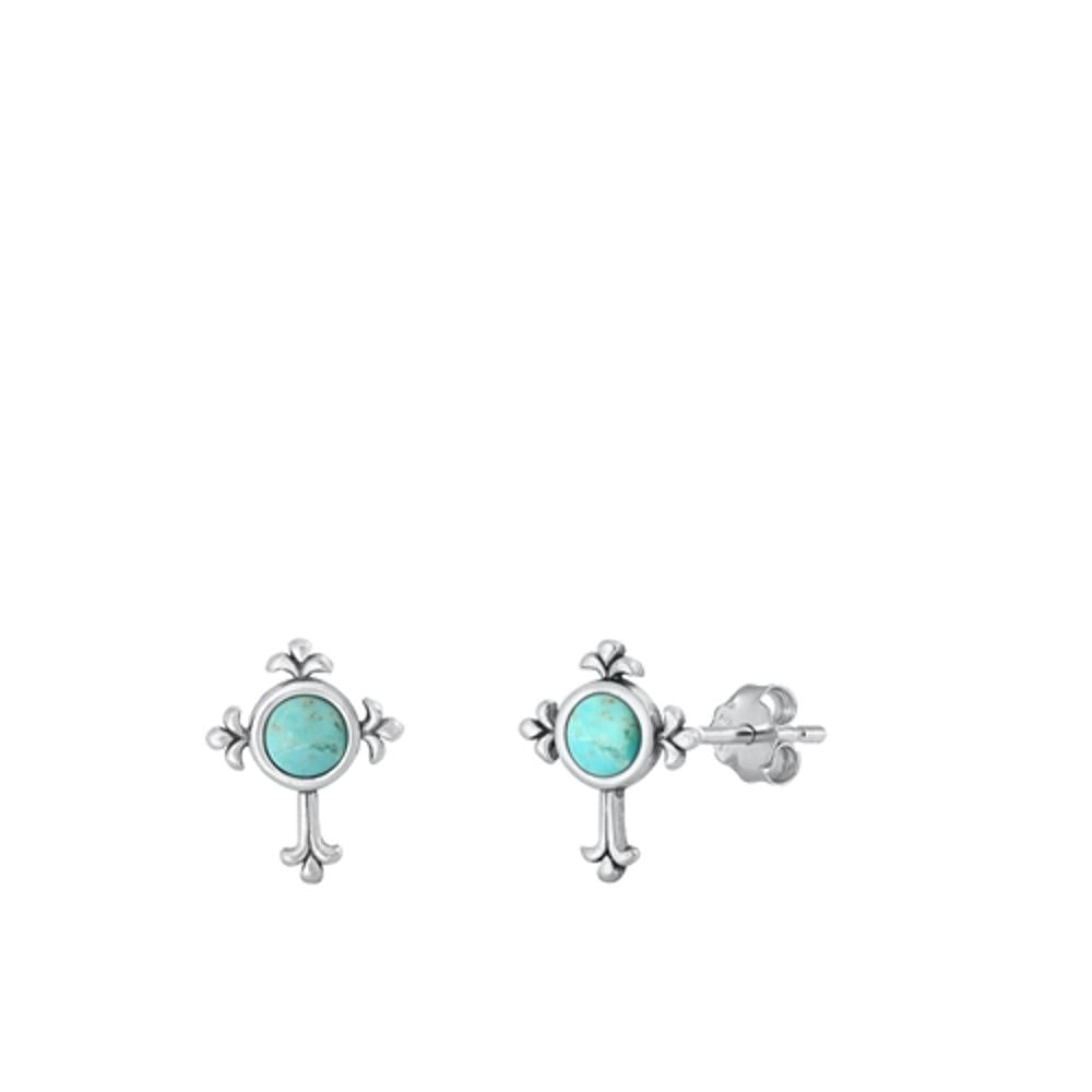 Sterling Silver Beautiful Turquoise Cross High Polished Earrings .925 New