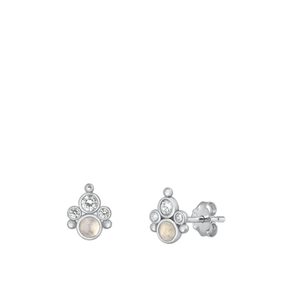Sterling Silver Classic Moonstone Clear CZ High Polished Stud Earrings .925 New
