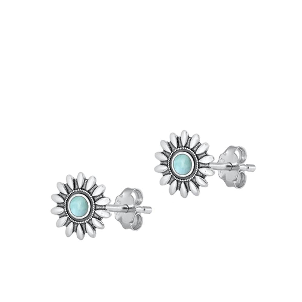 Sterling Silver High Polished Larimar Flower Fashion Earrings .925 New