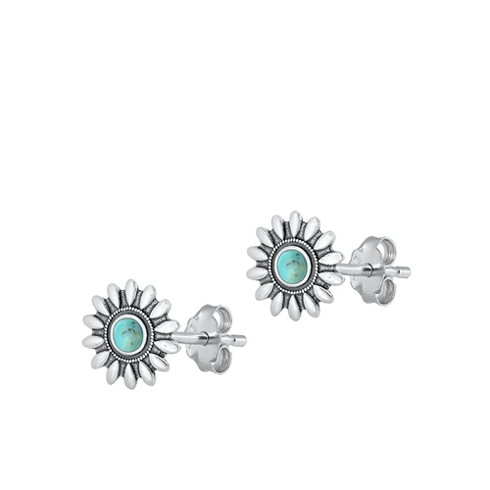 Sterling Silver Oxidized High Polished Turquoise Flower Stud Earrings .925 New