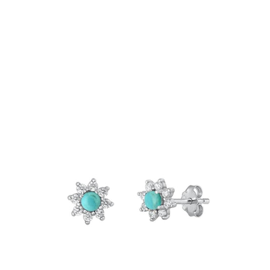 Sterling Silver Cute Turquoise Clear CZ Flower Star Polished Earrings .925 New