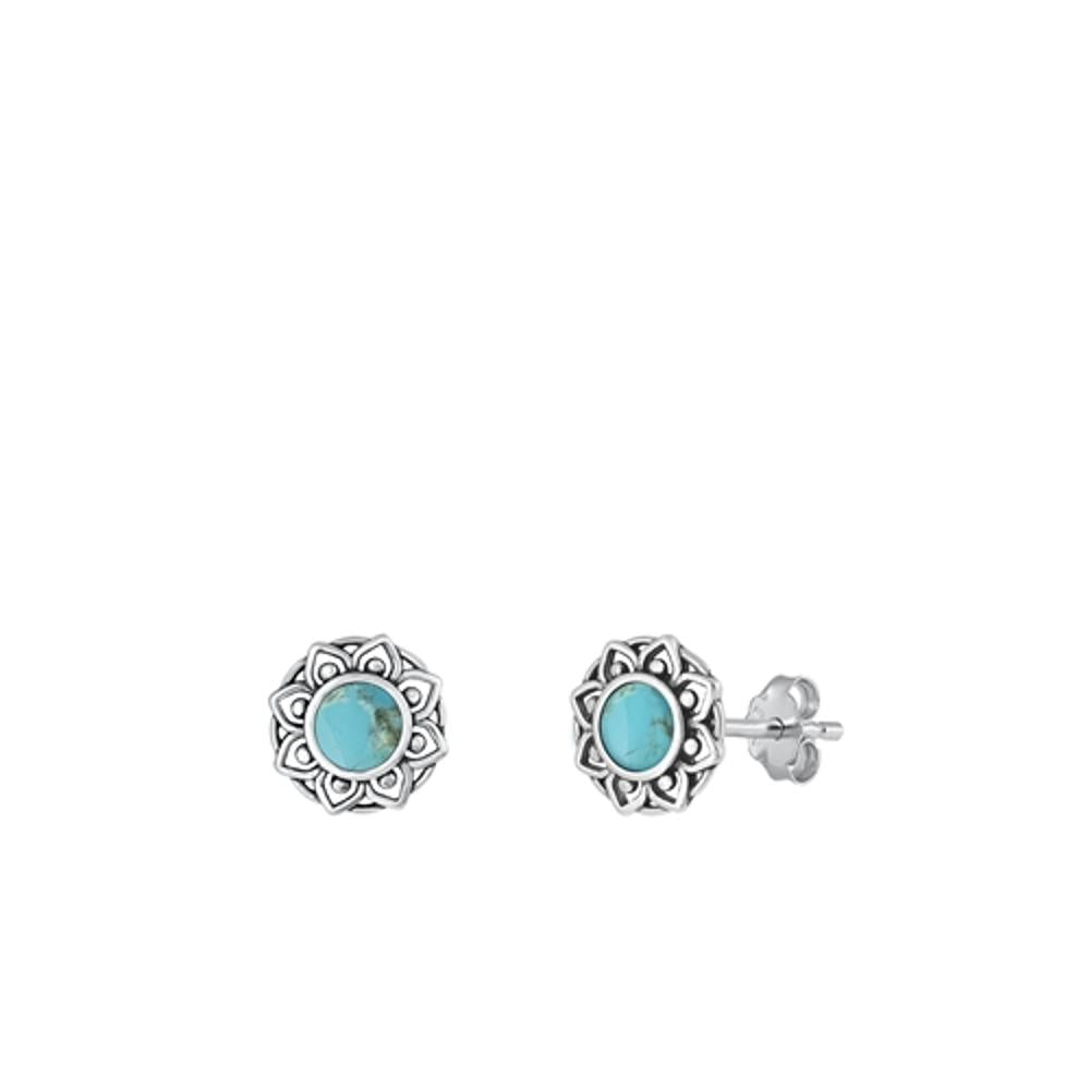 Sterling Silver High Polished Turquoise Bali Stud Oxidized Earrings .925 New