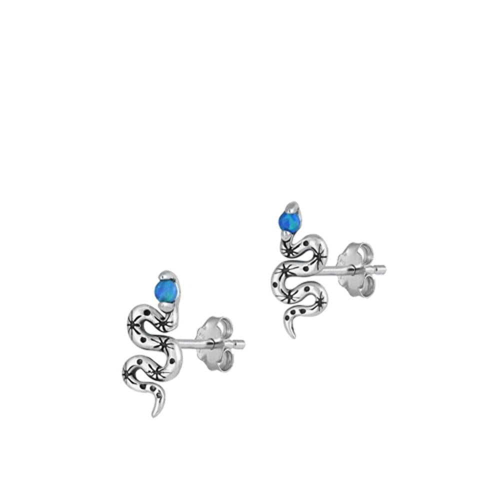Sterling Silver Polished Blue Synthetic Opal Snake Stud Fashion Earrings 925 New